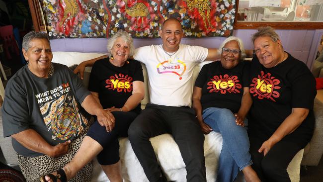 Yes campaigner Thomas Mayo with, from left, Sydney’s ‘western suburbs aunties’ Joyce Davison, Elaine Gordon, Jenny Ebsworth and Kathy Donnelly.