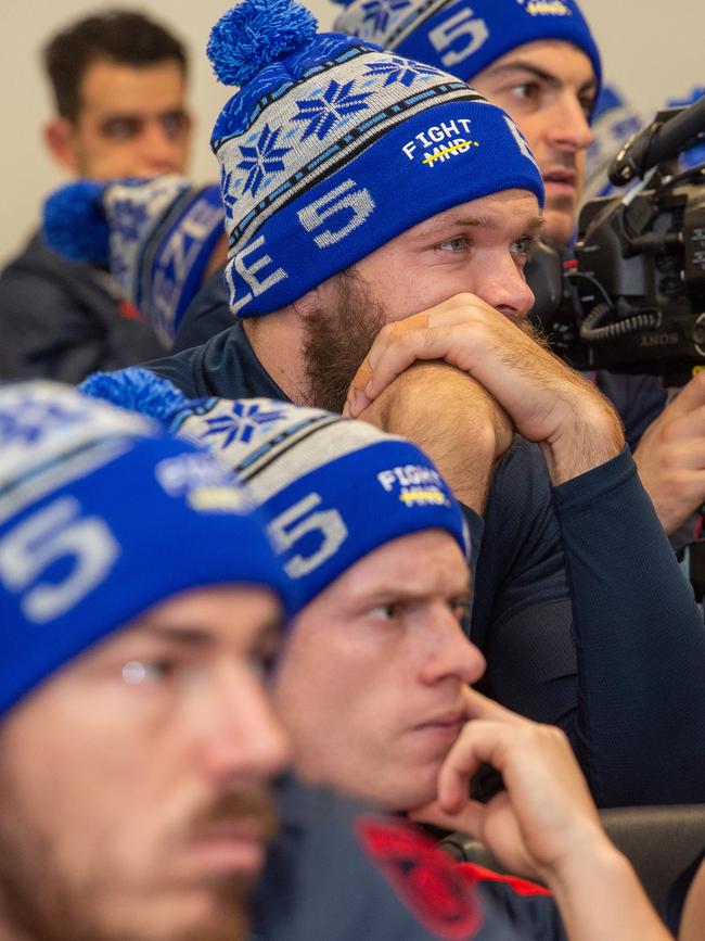 Melbourne players listen to Neale Daniher. Picture: Jay Town