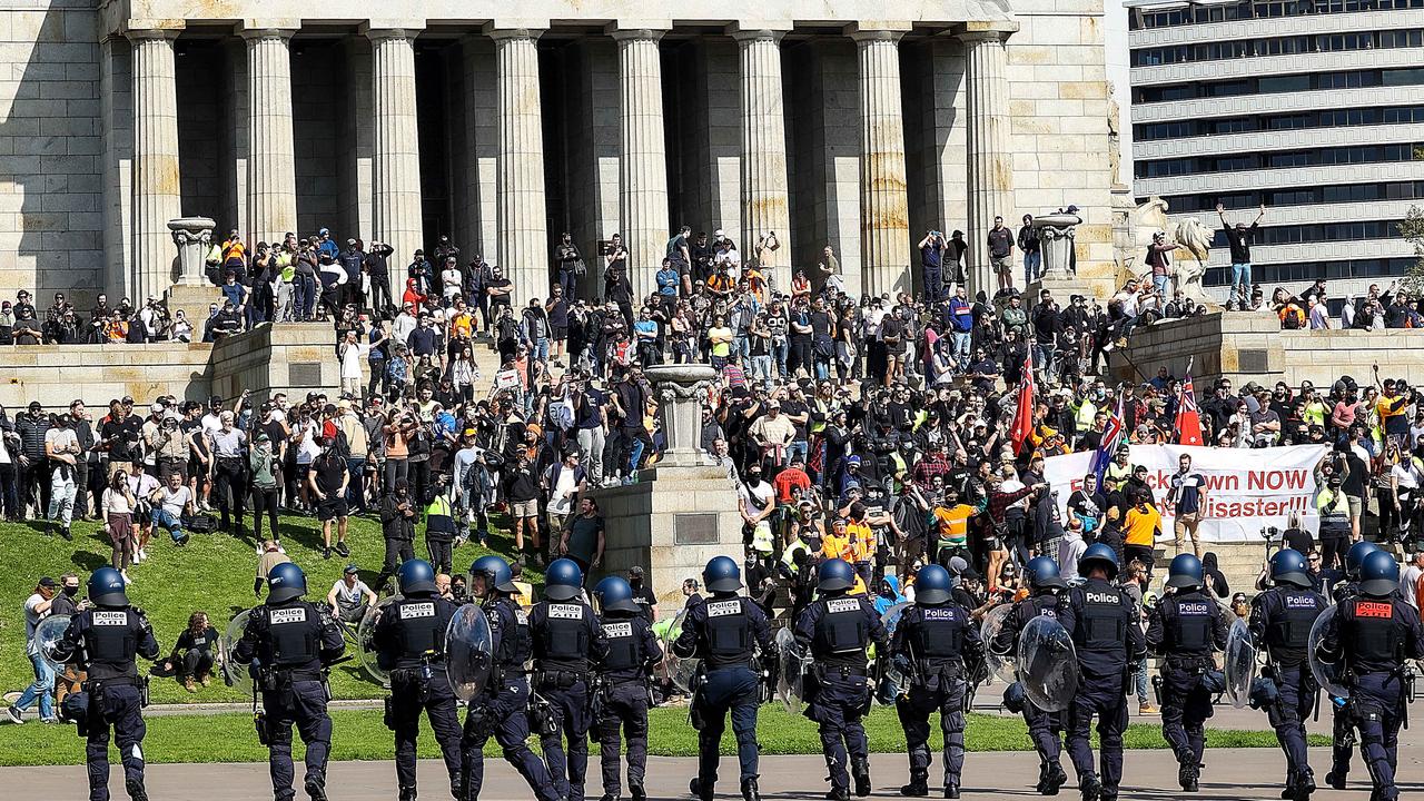 Heavily armed police face off with protesters at the Shrine of Remembrance on Wednesday. Picture: NCA NewsWire / Ian Currie