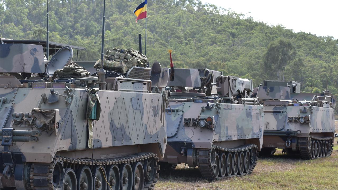 Armoured personnel carriers at the Shoalwater Bay Training Area for Exercise Diamond Walk 2021.