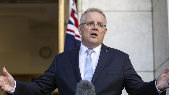 Prime Minister Scott Morrison during a press conference at Parliament House in Canberra talking about the future of the JobSeeker and JobKeeper programs. Picture: NCA NewsWire/Gary Ramage.