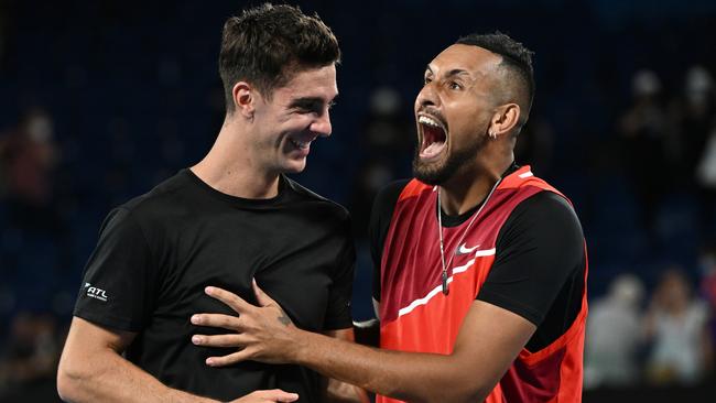 Thanasi Kokkinakis and Nick Kyrgios during the Australian Open doubles. Picture: Getty Images