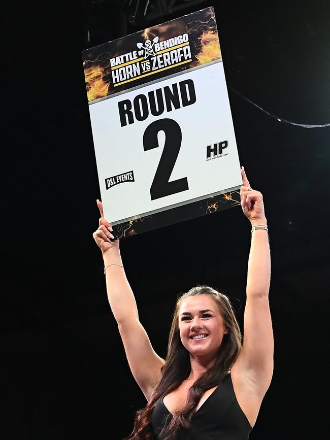 The ring card girl finally gets her chance. Picture: Getty Images