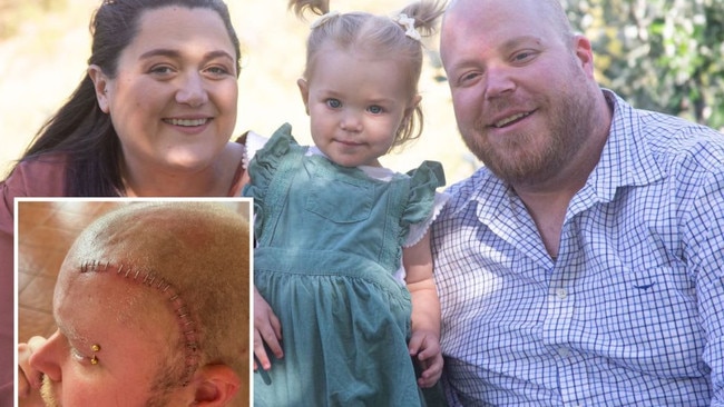 father Darryl Megaw underwent brain surgery to remove a brain tumour, his wife who was 31-weeks pregnant was forced to undergo emergency surgery on her gallbladder.