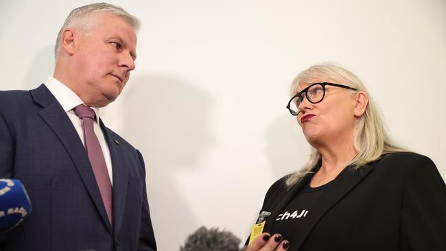 Deputy Prime Minister Michael McCormack has a surprise chat with organiser of the Women's March 4 Justice protest rally Janine Hendry, in Parliament House in Canberra today. Picture: NCA NewsWire / Gary Ramage