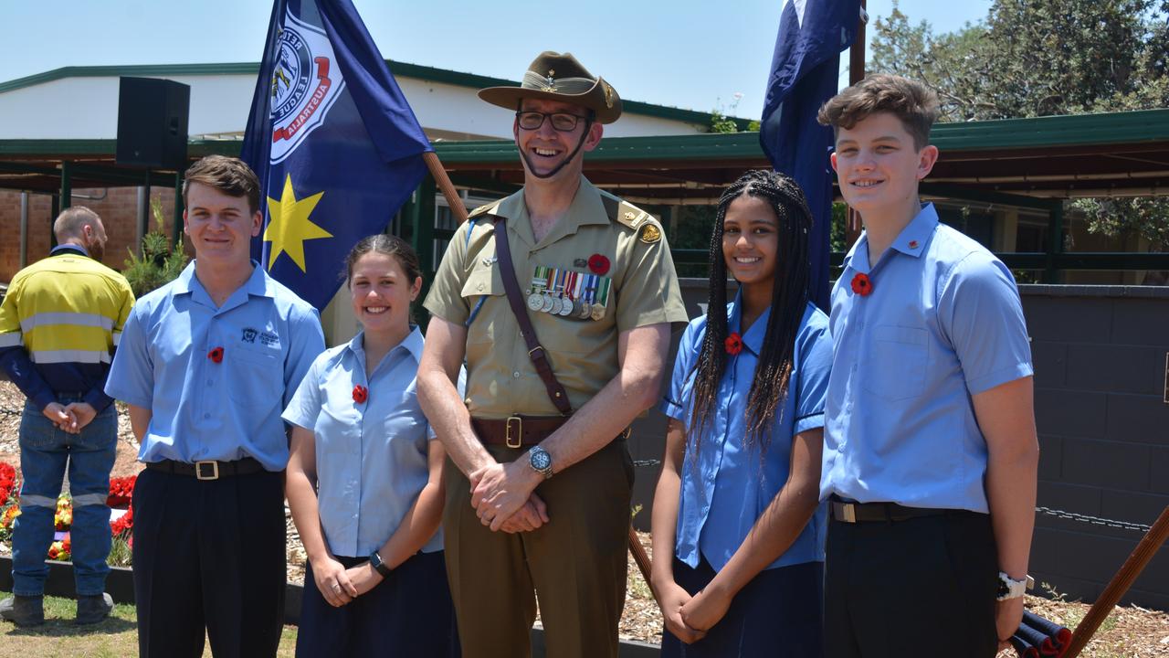 UNVEILING: Kingaroy Remembrance Day Service guest speaker and former student Maj Craig Campbell with Kingaroy State High School 2020 leaders Lachlan Hansen-Crawford, Olivia Eriksen, Asha Cooper and Toby Schmidt at the school's new memorial wall. (Photo: Jessica McGrath)