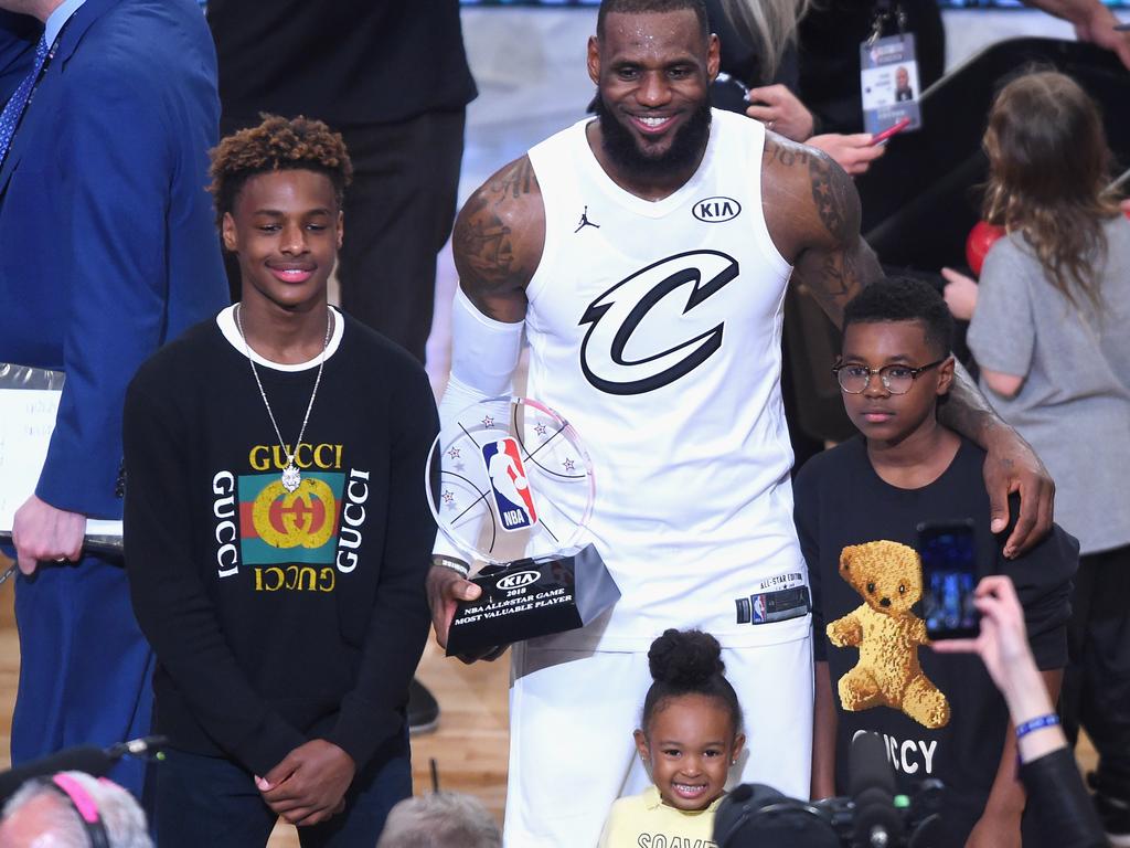 LeBron James Jr., LeBron James #23, Zhuri James and Bryce Maximus James in 2018. Photo: Getty.