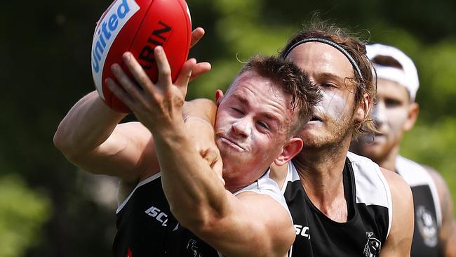 Ben Crocker and James Aish complete a marking drill. Picture: Michael Klein