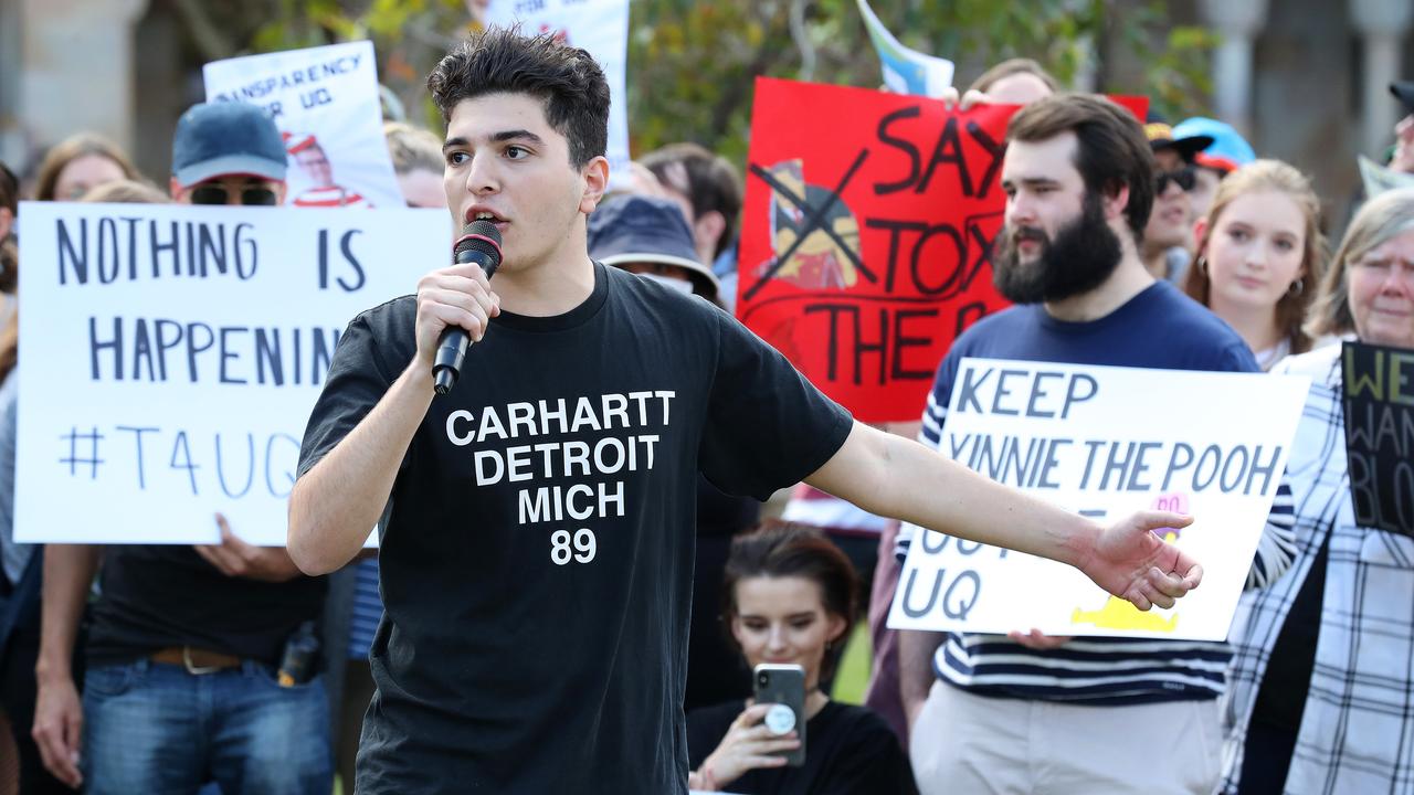 Drew Pavlou speaks to the crowd at another protest against the China-aligned Confucius Institute at the University of Queensland. Picture: Liam Kidston.