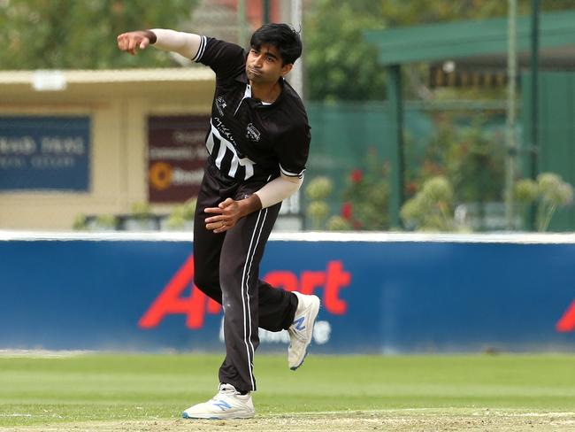 Shubham Bhargave of Camberwell bowling. Picture: Hamish Blair