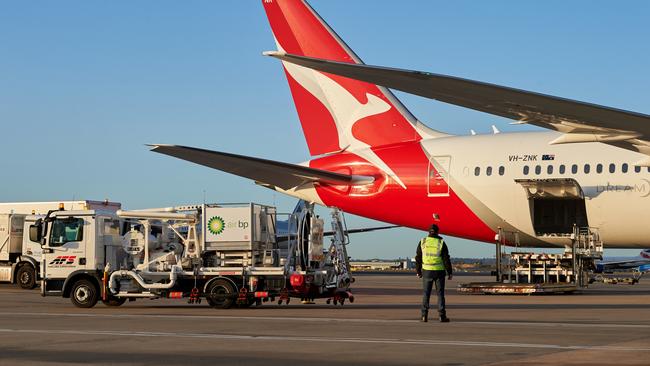 Qantas will buy 10 million litres of sustainable aviation fuel for use on flights from London, to reduce carbon emissions. Picture: Supplied