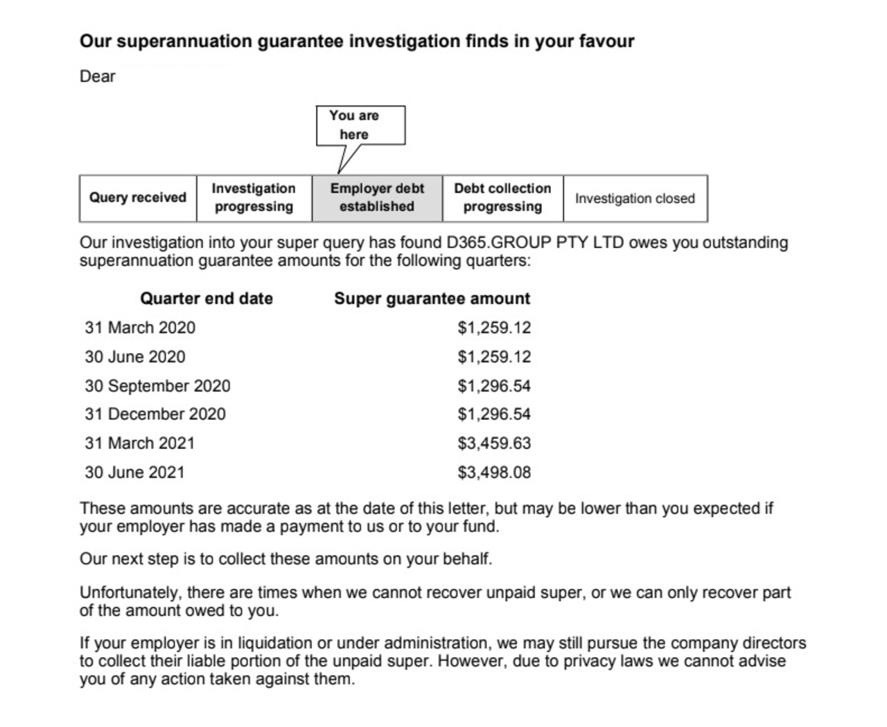 The ATO concluded “in favour” of this employee’s claims about how much superannuation they were owed from D365 Group.