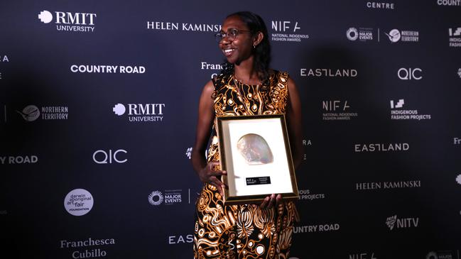 Walmajarri, Gooniyandi model Kahlia Rogers was named the inaugural Cecilia Cubillo Young Achiever Award winner at the 2024 National Indigenous Fashion Awards on Larrakia Country, Darwin. Picture: Zizi Averill