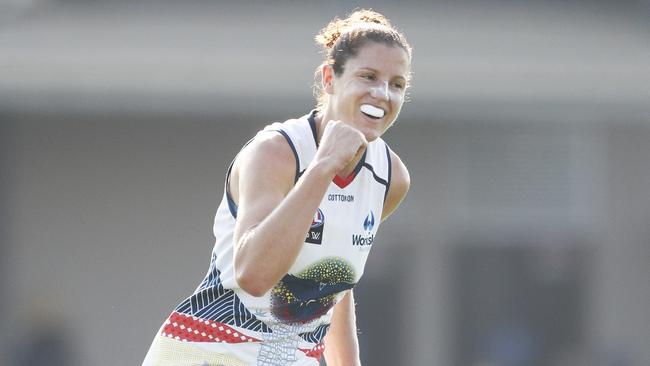 Jessica Foley celebrates a goal during Adelaide’s emphatic win over Melbourne. Picture: Daniel Pockett.