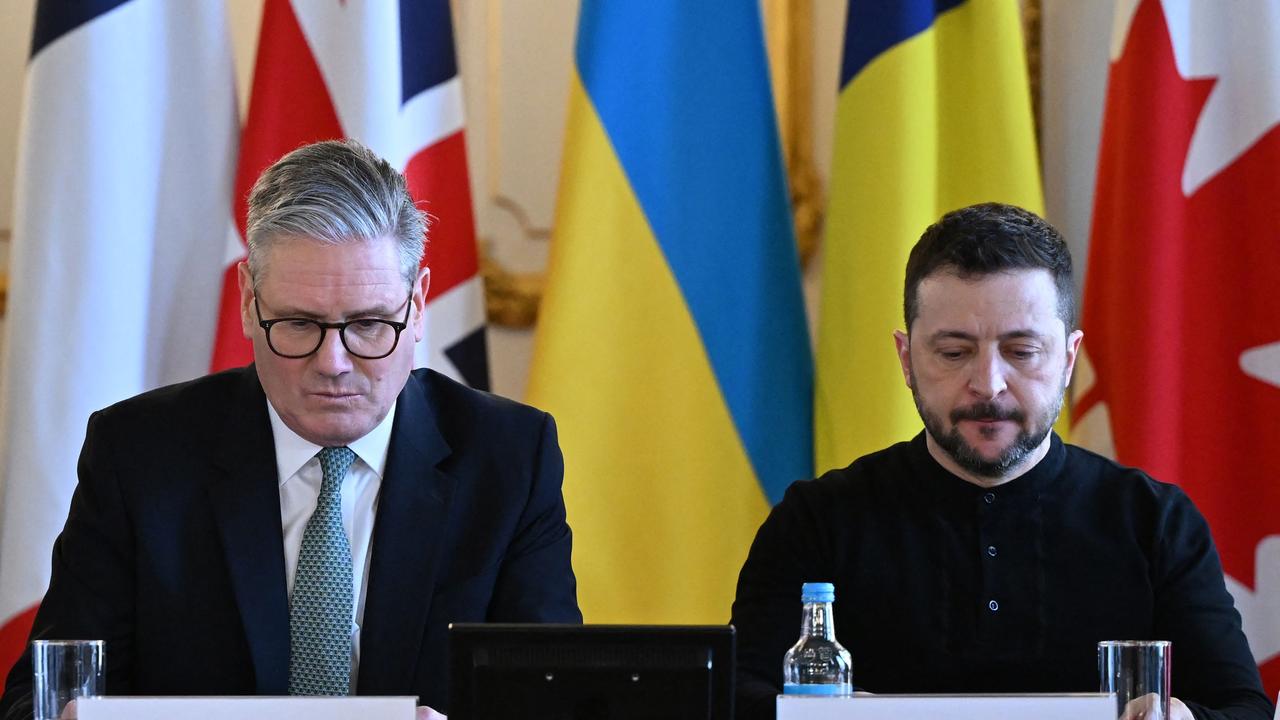 Britain's Prime Minister Keir Starmer and Ukraine's President Volodymyr Zelensky prepare to hold a plenary meeting at a summit held at Lancaster House in central London on March 2, 2025. Picture: JUSTIN TALLIS / AFP