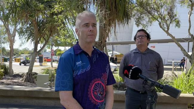 CEO of Northern Qld Primary Health Network Sean Rooney(left) and Health Service Chief Executive Kieran Keyes (right) at the front of Townsville University Hospital on June 24, 2024 as the emergency department experiences increased demand.