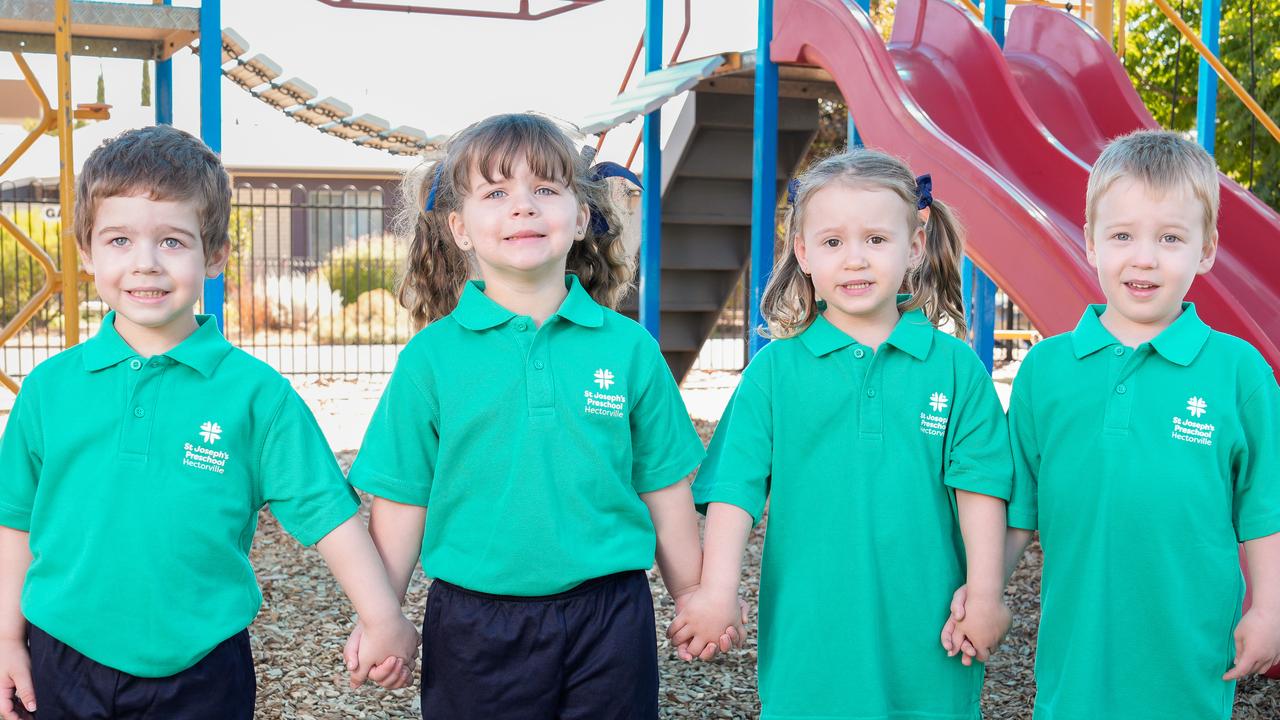 Twins Oliver and Nicola with cousins Lily and Henrstarted preschool on Tuesday. Picture: Tim Joy