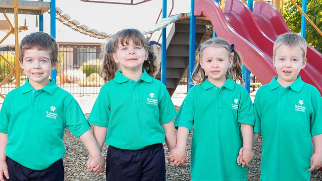 Twins Oliver and Nicola with cousins Lily and Henrstarted preschool on Tuesday. Picture: Tim Joy