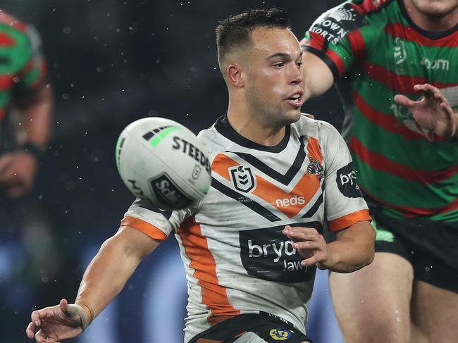 Tigers Luke Brooks during the round 9 NRL match between South Sydney and Wests Tigers at Bankwest Stadium, Parramatta. Picture: Brett Costello