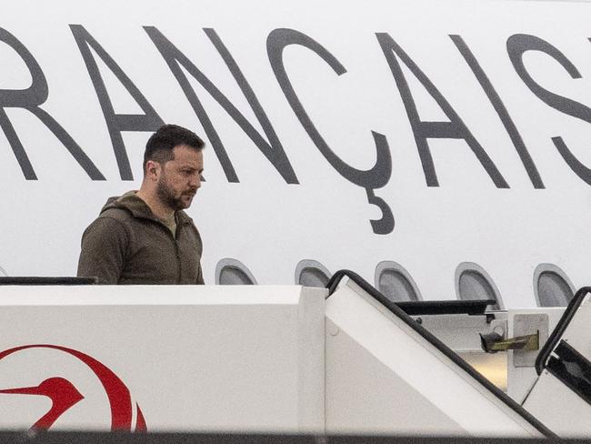 Ukraine's President Volodymyr Zelensky disembarks upon his arrival at Hiroshima Airport on the second day of the G7 Summit Leaders' Meeting. Picture: Yuichi YAMAZAKI / AFP