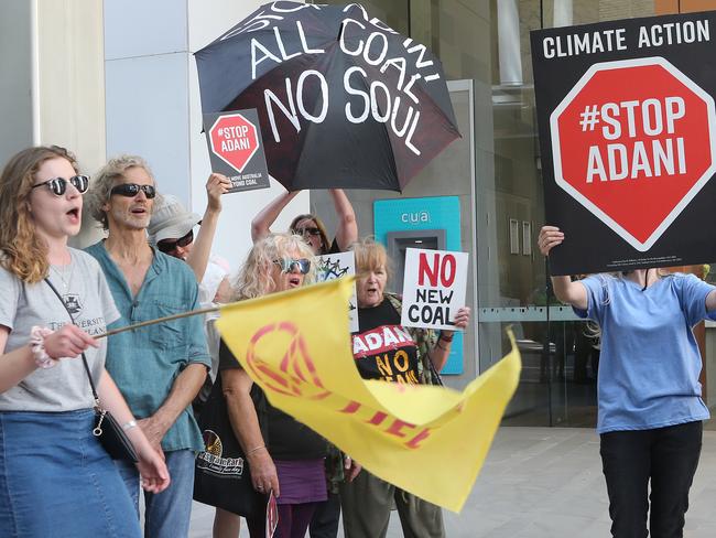 Protesters target an Adani-linked company in Brisbane’s CBD earlier this month. Picture: Jono Searle/AAP