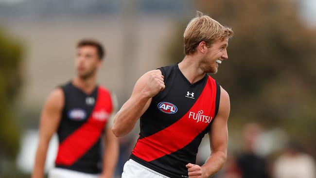 Darcy Parish of the Bombers celebrates a goal during the 2020 Marsh Community Series