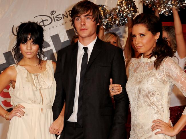 Ashley Tisdale (right) with her High School Musical castmates, Vanessa Hudgens and Zac Efron. Picture: AAP Image/Tracey Nearmy