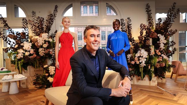 David Jones boss Scott Fyfe with fashion models Lillian Liberg and Hala Madol at the new-look Bourke St store in Melbourne. Picture: David Caird