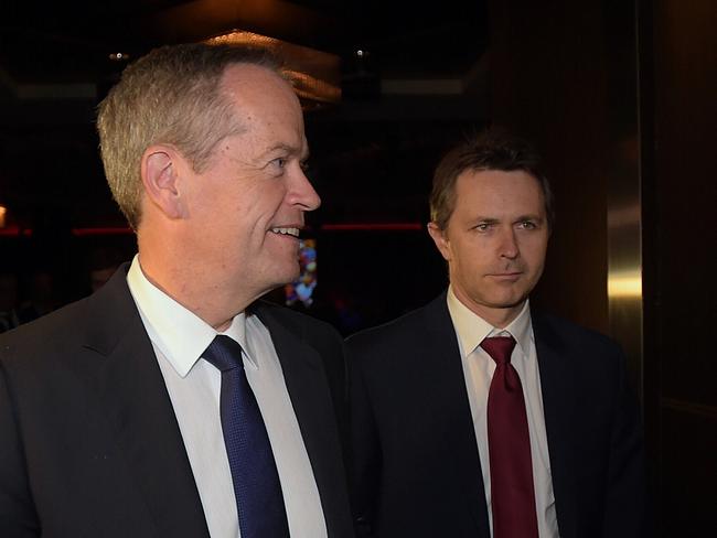 Bill Shorten and opposition communications spokesman Jason Clare last night. Picture: AAP/Lukas Coch