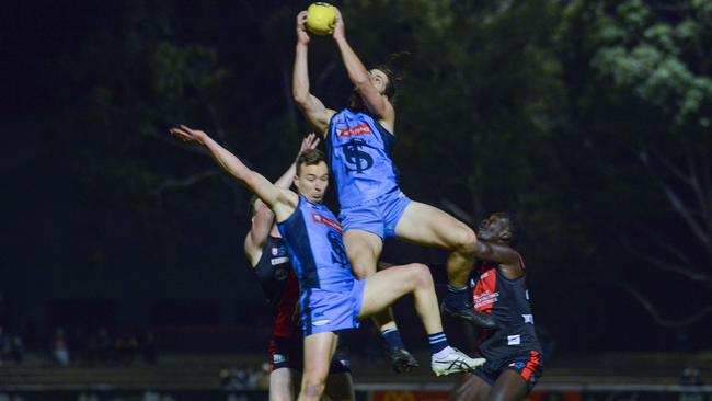 Sturt's Josh Patullo takes a high-flying mark in the Double Blues’ victory over West Adelaide at Richmond Oval. Picture: Brenton Edwards