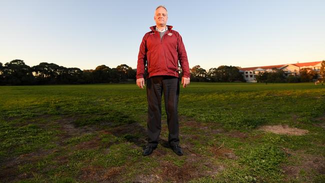 Sandringham Soccer Club President Simon Polinelli on the potholed Holloway pitches. Picture: Penny Stephens