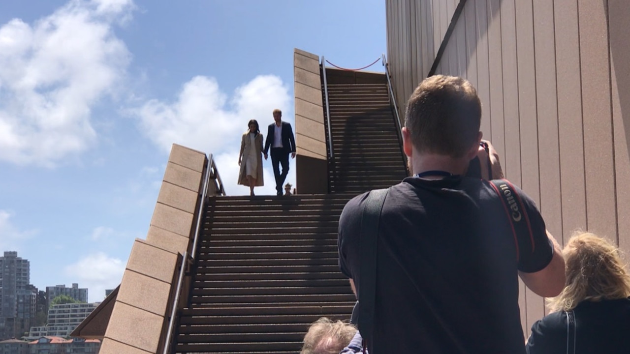 Harry and Meghan arrive to meet fans outside the Sydney Opera House. Picture: Bronte Coy, news.com.au