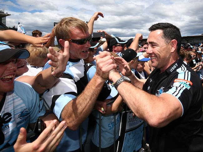 Sharks coach, Shane Flanagan celebrates with fans during the Cronulla Sharks NRL grand final celebrations at Southern Cross Group Stadium / Picture: Brendon Thorne