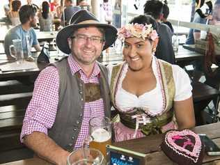 Dressed in traditional German attire for Oktoberfest at The Bavarian in Grand Central are Jerry and Jules O'Sullivan. Saturday, 5th Oct, 2019. Picture: Nev Madsen