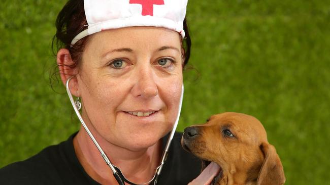 Blue Moon Pet Services is hosting a free dog first aid course. Owner Emma O'Dwyer is pictured with five week old Rusty who was born to one of Emma's Geelong Animal Rescue foster dogs. Picture: Alison Wynd