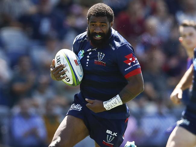 BALLARAT, AUSTRALIA - FEBRUARY 22: Marika Koroibete of the Rebels scores a try during the round four Super Rugby match between the Rebels and the Sharks at Mars Stadium on February 22, 2020 in Ballarat, Australia. (Photo by Daniel Pockett/Getty Images)