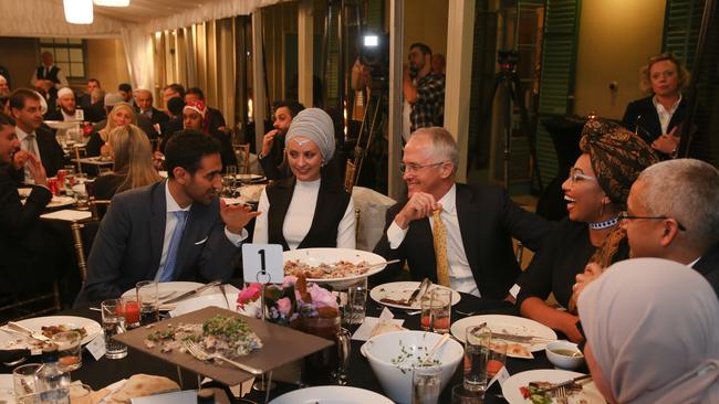 Prime Minister Malcolm Turnbull hosted an Iftar dinner celebrating Ramadan at Kirribilli House in Sydney. Guests included broadcaster Waleed Aly. Picture: AAP