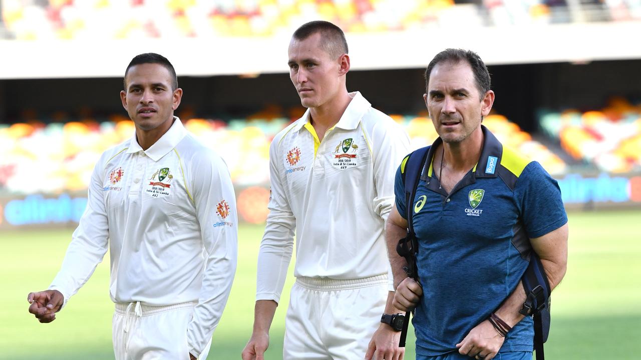 Usman Khawaja (left) will be the first Australian to speak publicly since Justin Langer’s resignation.