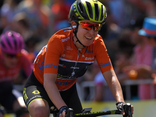 ADELAIDE, AUSTRALIA - JANUARY 13: Arrival / Amanda Spratt of Australia and Team Mitchelton-Scott Orange Leader Jersey Celebration / during the 5th Santos Women's Tour Down Under 2019 - Stage 4 a 42,5km stage from Adelaide to Adelaide / TDU / on January 13, 2019 in Adelaide, Australia. (Photo by Tim de Waele/Getty Images)