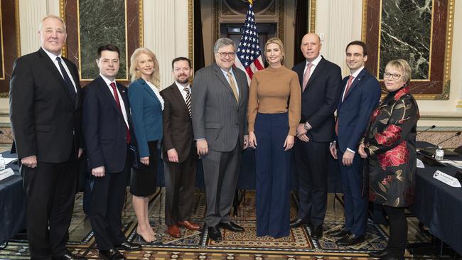 Home Affairs Minister Peter Dutton (third from left) stands next to White House senior adviser Ivanka Trump (fourth from left) in a photo taken at the White House last week. Also pictured are (from left) Canadian Minister of Public Safety and Emergency Preparedness Bill Blair, UK Secretary of State for Housing, Communities and Local Government James Brokenshire, White House counsellor Kellyanne Conway, Assistant to the President and Director of the Domestic Policy Council Joe Grogan, Attorney-General William Barr and (far right) Tracey Martin, New Zealand Internal Affairs and Children’s Minister. Picture: The White House