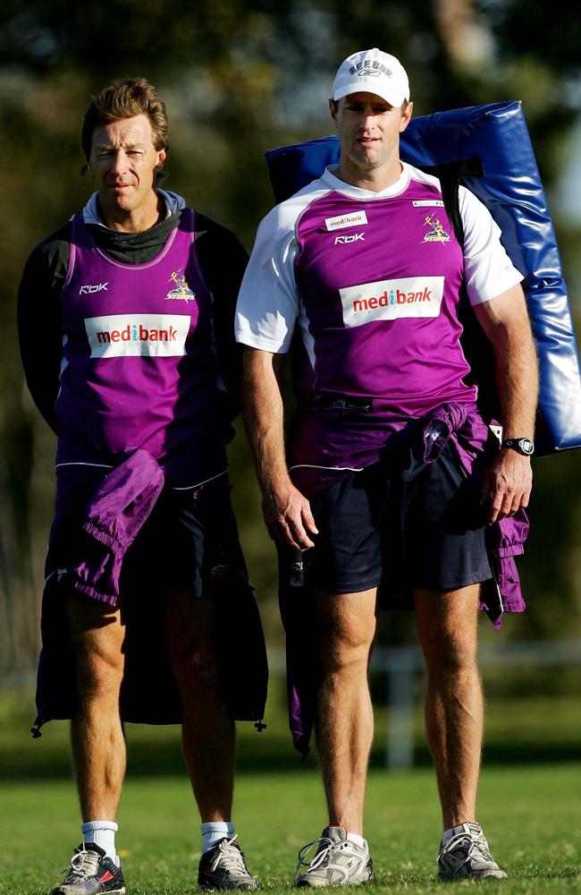 Michael Maguire (R) pictured with Storm coach Craig Bellamy during his stint as an assistant coach.