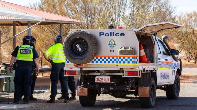 Police at the closed NT/SA border on March 24, 2020. Picture: Emma Murray