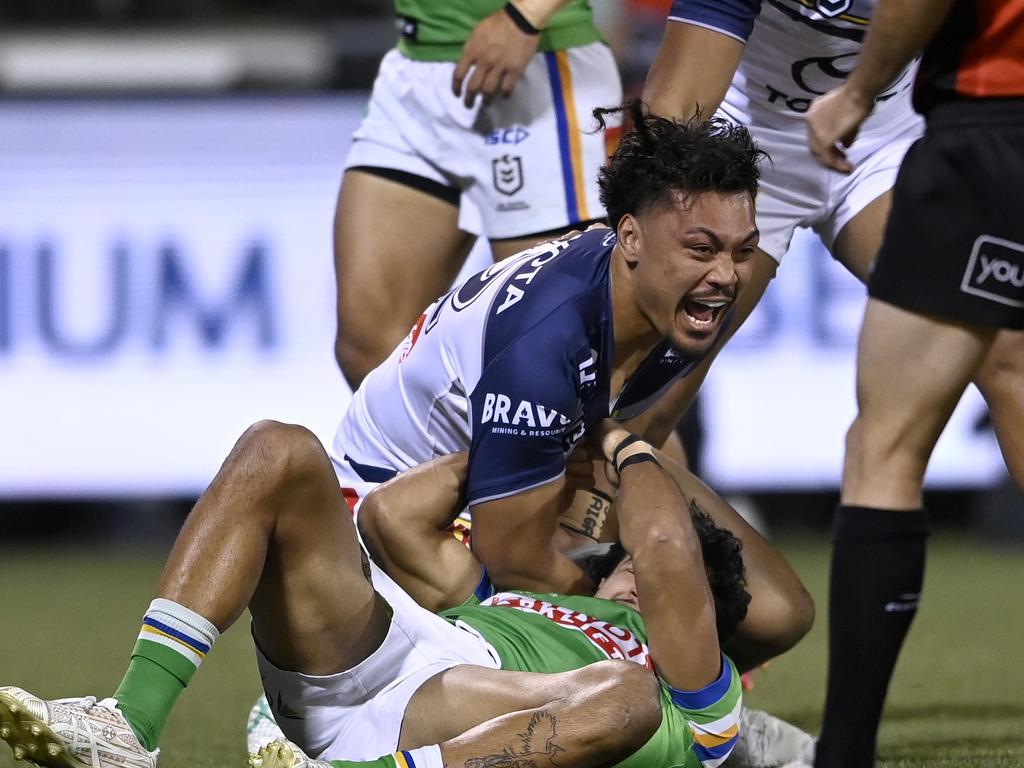 Jeremiah Nanai celebrates a try. Picture: NRL Photos/Gregg Porteous