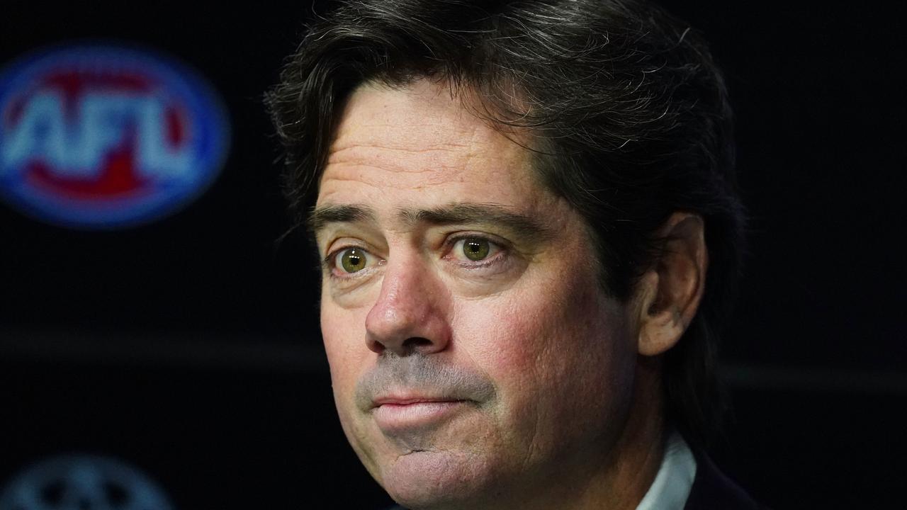 AFL CEO Gillon McLachlan spoke to the media after the AFL season was postponed. Picture: Scott Barbour