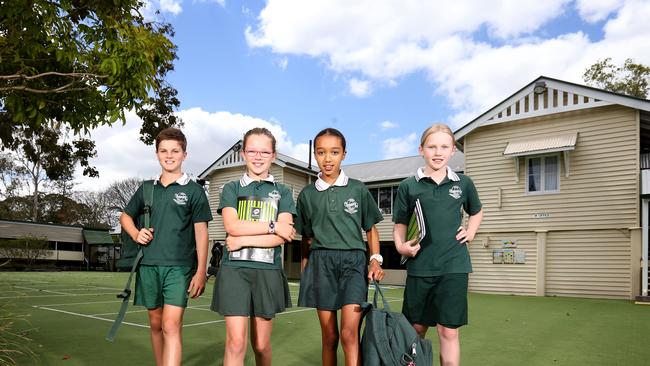 Lewis, Annabelle, Sianna and Tess from Rainworth State School, which once again has scored a perfect 100 in the Better Education list. Picture: Steve Pohlner