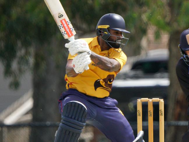 Premier Cricket: Kingston Hawthorn vs Melbourne University played at Walter Galt Reserve, Parkdale. Kingston Hawthorn batter Thaveesh Attanayake and wicket keeper.George Lavelle. Picture: Valeriu Campan