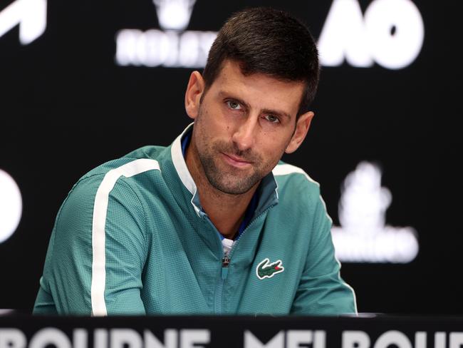 Novak Djokovic faces the press at Melbourne Park. Picture: Phil Walter/Getty Images