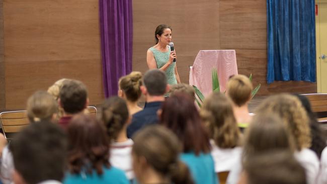 Central Coast Steiner School principal Rosemary Michalowski addressing students. The school ranked fourth in local secondary schools 2019 NAPLAN results. Picture: supplied