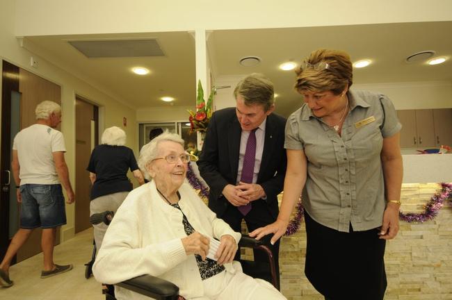 HOME SWEET HOME: Ballina Community Aged Care resident Nola Kilby chats with Ballina MP Don Page and the centre's facility manager Pam Osborne after Mr Page officially opened the aged care facility. Photo Doug Eaton / Ballina Shire Advocate. Picture: Doug Eaton