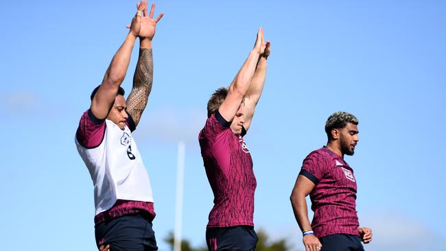 Shannon Frizell, Sam Cane and Hoskins Sotutu run through drills during training in Whakatane ahead of the Bledisloe Cup and Rugby Championship. Picture: Getty Images